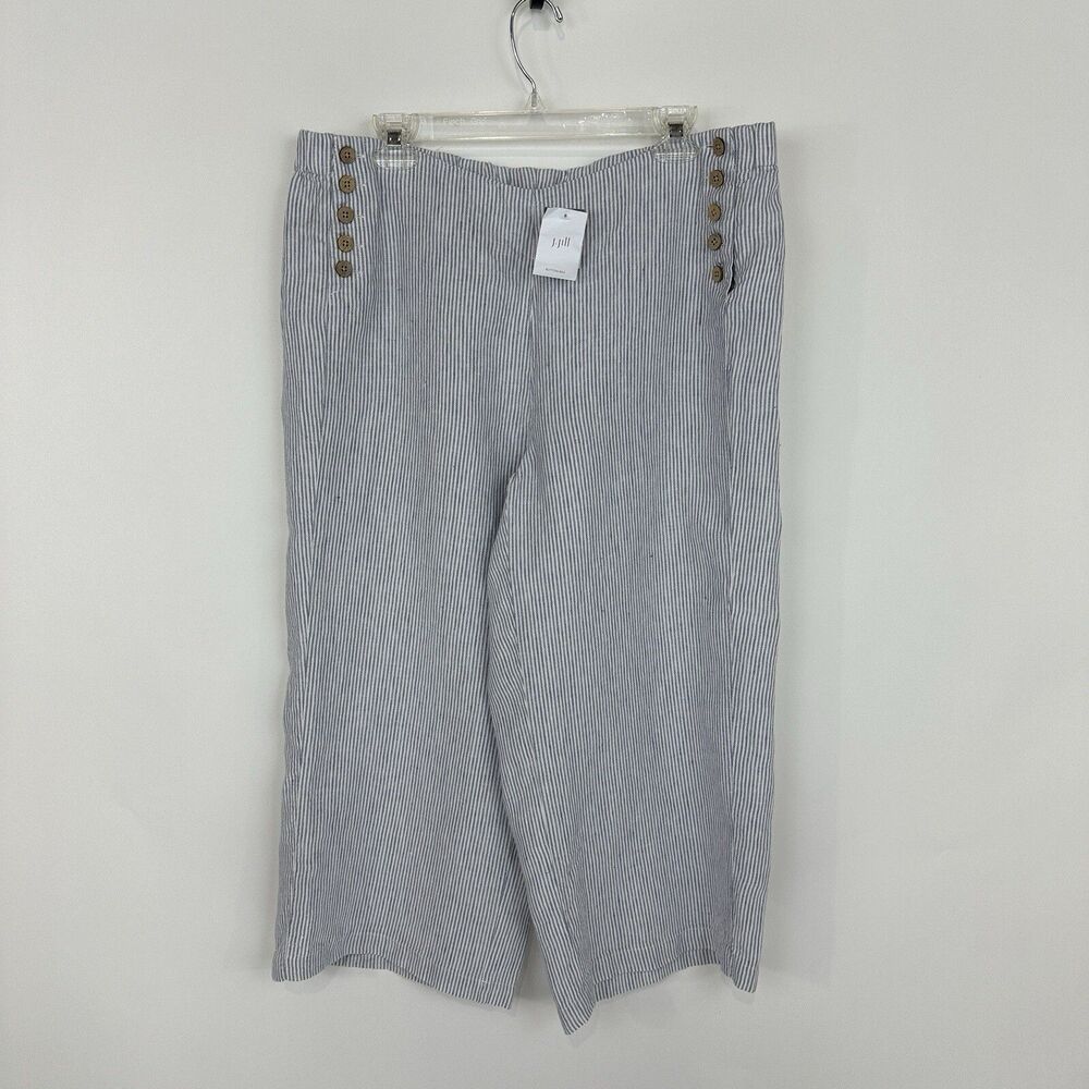 J. Jill Love Linen Cropped Wide Leg Pants XLP Blue White Stripe Resort Coastal